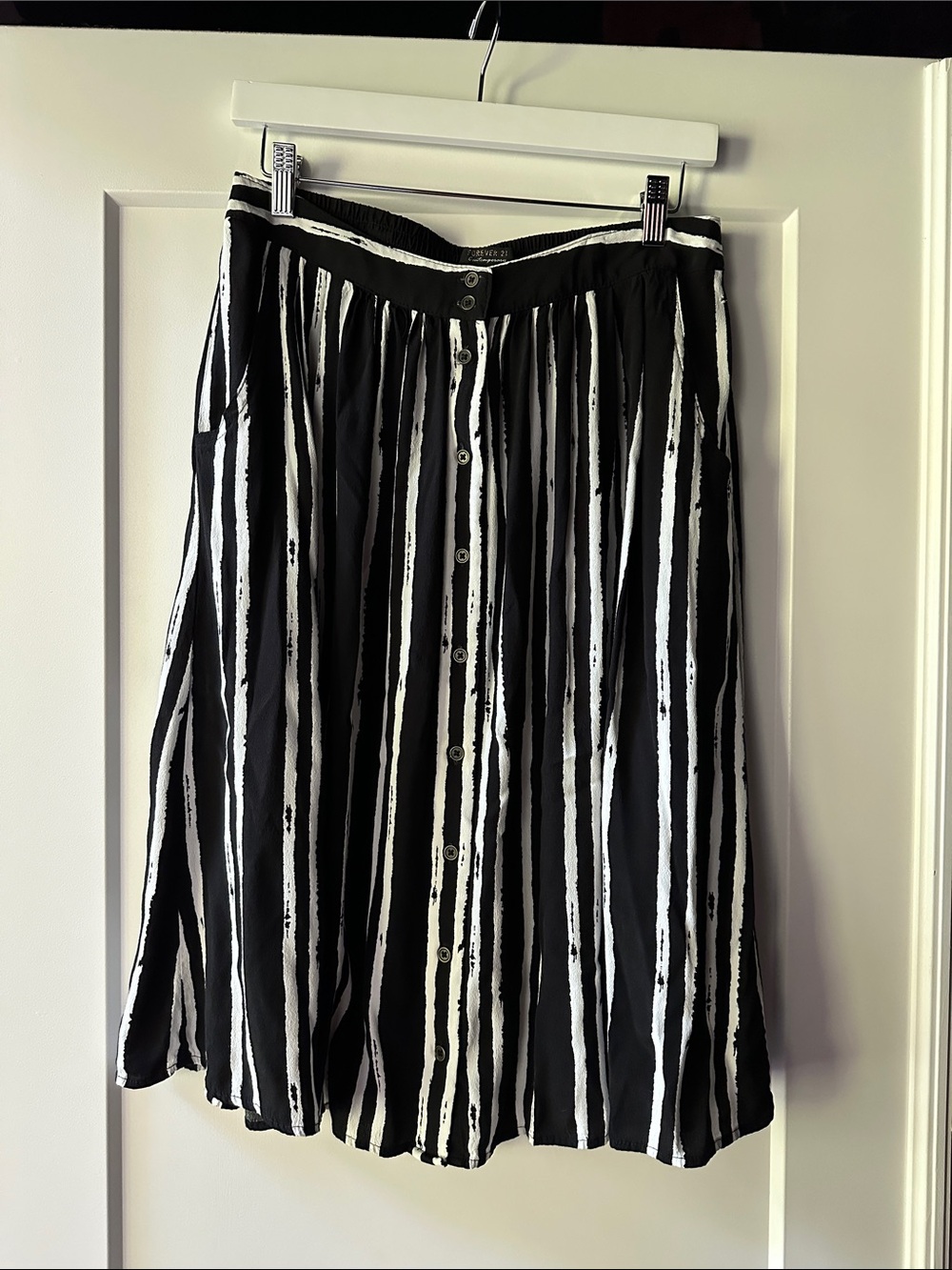 Forever 21 Black and White Vertical Stripe Button-Front Skater Skirt